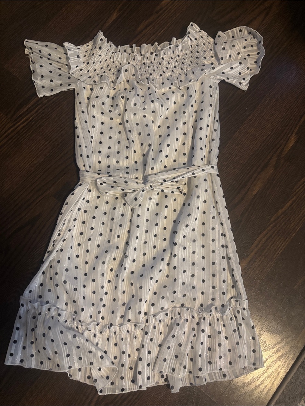 NEW Off-Shoulder White Polka Dot Casual Dress with Belt